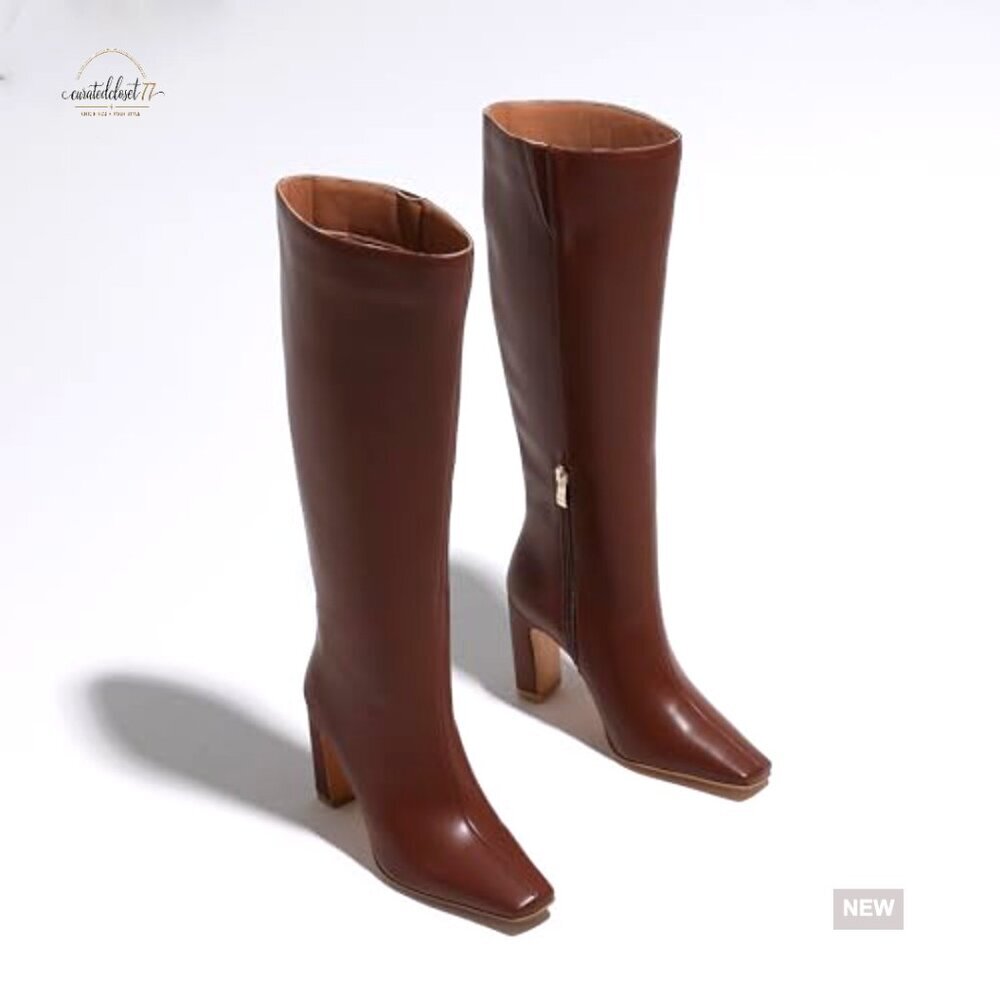 Women's Knee High Boots Square Toe Chunky Heel Side Zipper Elastic Tall - Picture 4 of 7